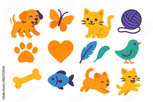 Animal Playful Icons. Animal Playfulness flat icon set: puppy, kitten, butterfly, ball of yarn, paw print, tail wag, bone, feather, bird, fish, heart, playful leap