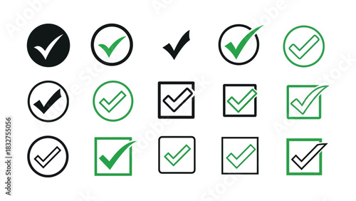Simple checkmark icon design in multiple colors, vector illustration of the versatile checkmark icon. Collection of diverse check mark icons in circles and squares

