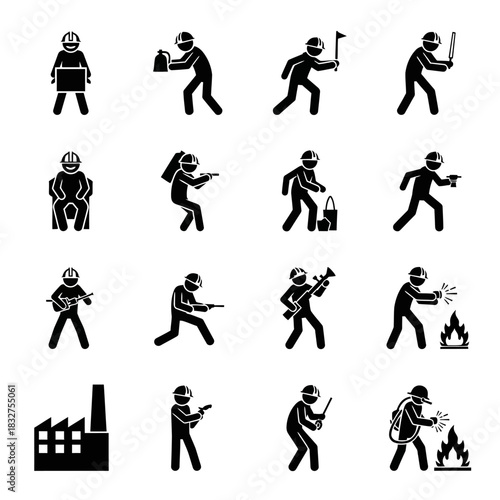 Industrial Workers and Activities in Stick Figure Pictograms.