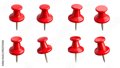 Red push pins for attaching business notes in the office to a bulletin board on a white background