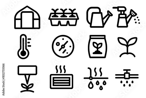 Greenhouse Tools Icons. Greenhouse Management Elements Set linear icon set: greenhouse frame, seed tray, watering can, soil thermometer, humidity gauge, misting nozzle, plant label