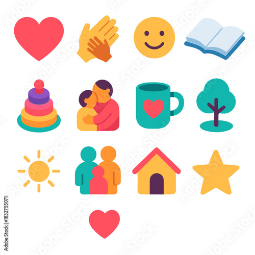 Family Bond Icons. Parent-child bonding flat icons set. heart, hands, smile, book, toy, hug, cup, tree, sun, family icon, home, star