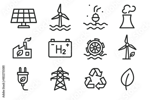 Renewable Energy Icons. Renewable sources linear icon set. solar array, offshore windmill, tidal energy buoy, geothermal vent, biomass plant, hydrogen cell, water wheel, eco