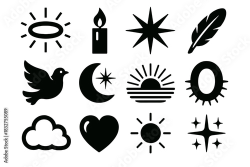 Heavenly Icons Set. Heavenly Radiance silhouette icon set : glowing halo, candle flame, radiant star, feather, dove, moonlight, sunrise beam, golden aura, soft cloud, heart, gentle