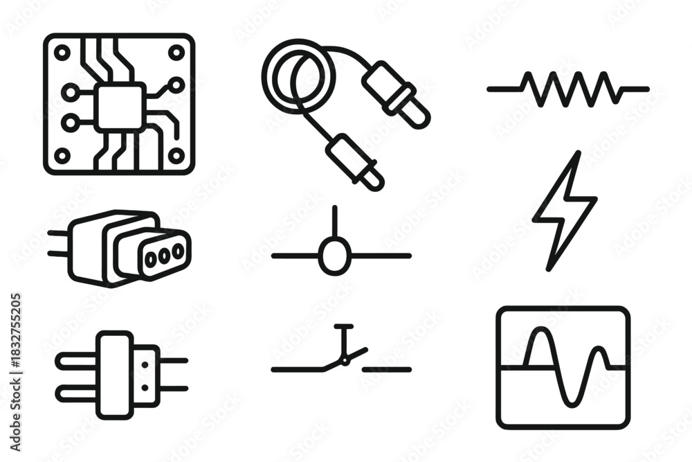 Fototapeta premium Electrical Icon Blueprint. Electrical CAD linear icon set. circuit board, wire, plug, resistor, schematic, connector, lightning bolt, chart.