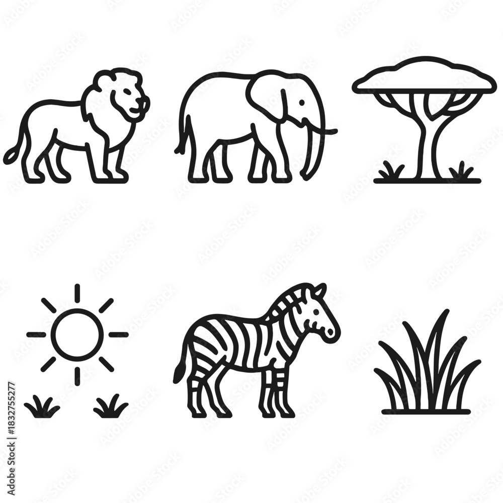 Obraz premium Savanna Icon Parade. Savanna Plains linear icon set. lion, elephant, acacia tree, sun, zebra, grass