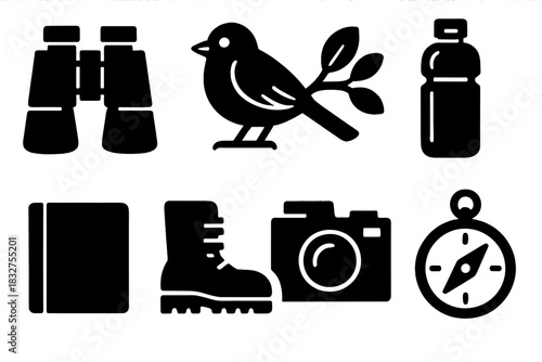 Bold Nature Icons. Nature Observation Set silhouette icon set. binoculars, bird, tree branch, water bottle, notebook, camera, boots, compass.