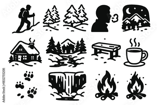 Winter Hiking Icons. Winter Hiking Experience linear icon set: hiker silhouette, snowy ridge, snow-covered forest, breath mist, cozy cabin, mountain stream, resting bench, steaming