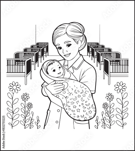 A cute nurse in hospital coloring page for kids, black line art vector illustration for medical student coloring book