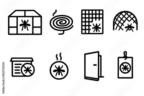 Insect Defense Icons. Outdoor Insect Defense linear icon set: patio screen, repellent coil, window mesh tile, garden netting arch, tiny vent cover, scent block icon, door seal band