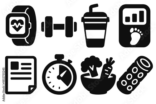 Bold Healthy Habits Icons. Healthy habits tools silhouette icon set: fitness tracker, dumbbell, smoothie cup, step counter, journal page, timer clock, veggie bowl, foam roller