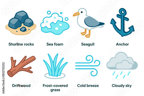 Coastal Chill Icons. Coastal Chill flat icon set: shoreline rocks, sea foam, seagull, boat anchor, driftwood, frost-covered grass, cold breeze lines, cloudy sky