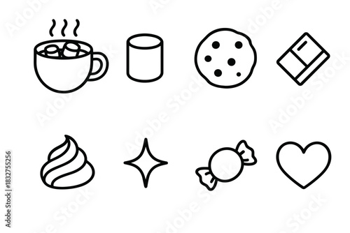 Sweet Treat Icons. Marshmallow treat linear icon set : hot drink, marshmallow, cookie, chocolate piece, cream swirl, sparkle, candy, heart