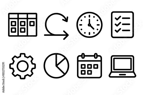 Agile Workflow Icons. Agile Workflow linear icon set: kanban board, sprint arrow, clock, checklist, gear, pie chart, calendar, laptop