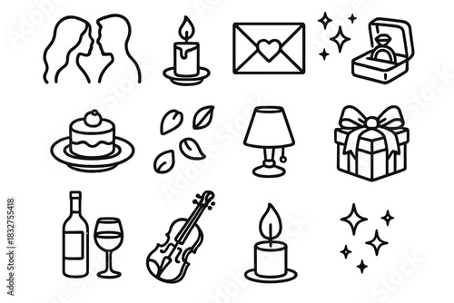 Romantic Evening Icons. Romantic evening linear icon set: couple silhouette, candle flame, love letter, ring box, dessert plate, flower petals, starry sky, wine bottle, violin, dim