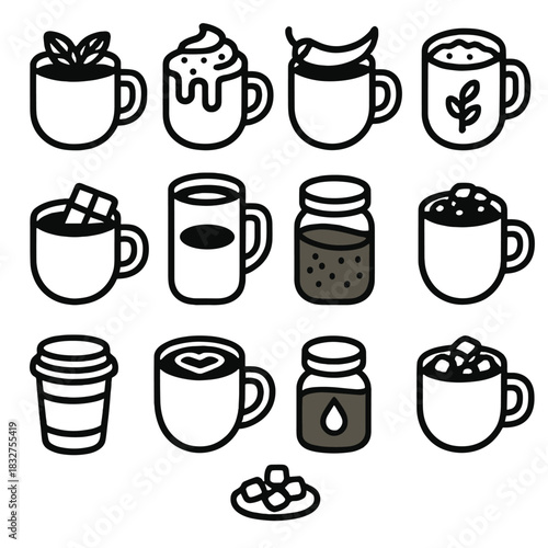 Cocoa Icon Collection. Creative Cocoa Recipes linear icon set. mint hot chocolate, caramel drizzle cup, spicy chili cocoa, vegan oat milk cocoa, white chocolate version, mocha