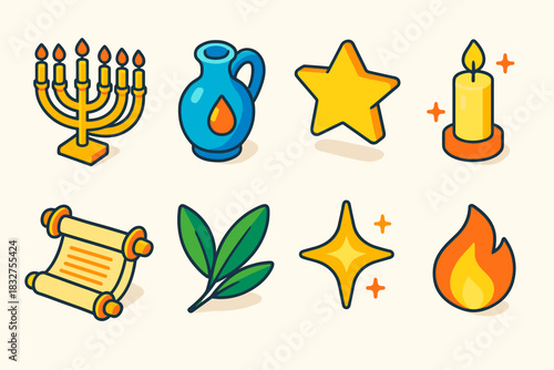 Festive Isometric Icons. Festival Miracle flat icon set: menorah glow, oil flask, star, candlelight, scroll, olive leaves, sparkle, flame