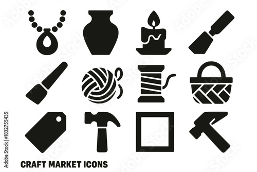 Craft Market Icons. Craft Market Icons silhouette icon set: handmade jewelry, pottery, candle, wood carving, paintbrush, yarn, spool, basket, tag, hammer, frame, tool