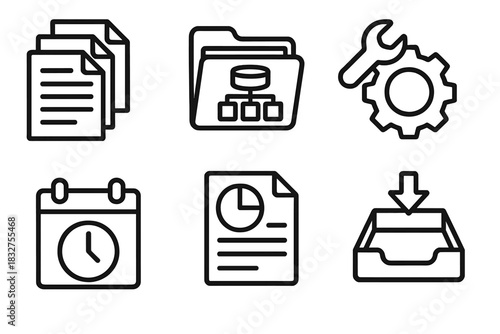 Batch Processing Icons. Batch Processing linear icon set. file queue, dataset folder, automation gear, scheduled task icon, report output, processing tray.