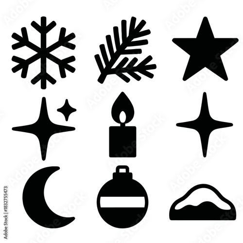 Winter Icon Set. Winter magic silhouette icon set : snow crystal, pine branch, candle flame, star, sparkle, moon, ornament, snow hill