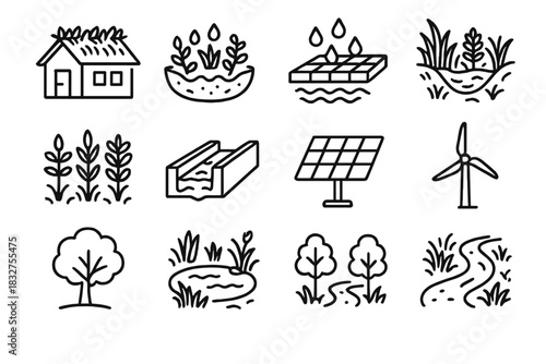 Green Infrastructure Icons. Green Infrastructure Elements Set linear icon set: green roof, rain garden, permeable pavement, bioswale, native plants, stormwater channel, solar panel