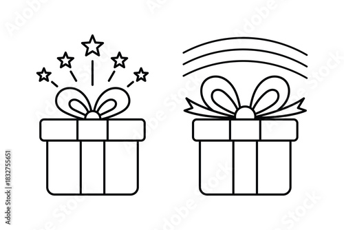 Outline icon set of two gift boxes with bows, one featuring sparkling stars above and the other showing curved lines suggesting magic or surprise