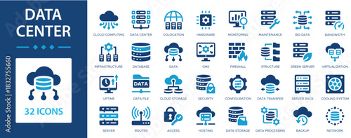 Data center flat icons collection. Cloud computing, database, server, backup, hosting, access, virtualization, data processing sign set.