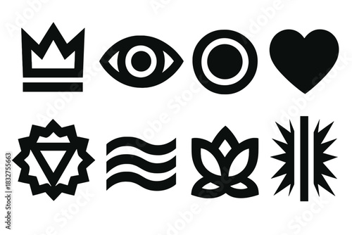 Chakra Icon Set. Chakra Alignment silhouette icon set: crown symbol, third eye, throat circle, heart icon, solar plexus, sacral wave, root lotus, energy beam