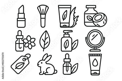 Eco-Friendly Beauty Icons. Plant-Based Cosmetics linear icon set: lipstick tube, blush brush, aloe gel, coconut oil, flower essence, green leaf, lotion bottle, mirror, eco tag