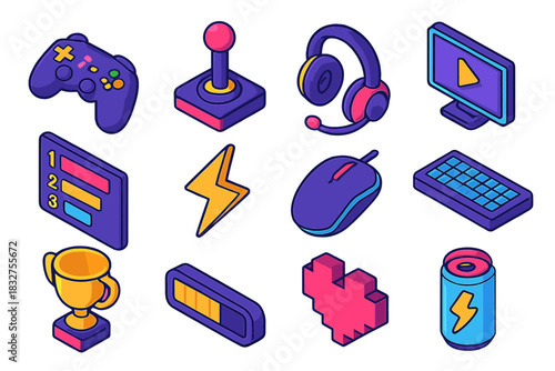 Isometric Gaming Icons. Gaming & Esports flat icon set: game controller, joystick, headset, computer monitor, leaderboard, lightning icon, mouse, keyboard, trophy, loading bar