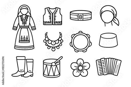 Balkan Costume Icons. Traditional Balkan costumes linear icon set: embroidered dress, vest, belt, headscarf, boots, jewelry, tambourine, hat, ribbon, drum, flower, accordion