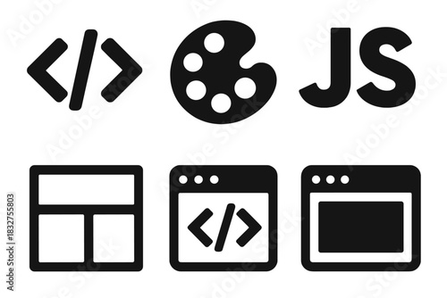 Bold Frontend Icons. Frontend silhouette icon set. HTML tag, CSS palette, JavaScript icon, responsive layout, code editor, browser preview.