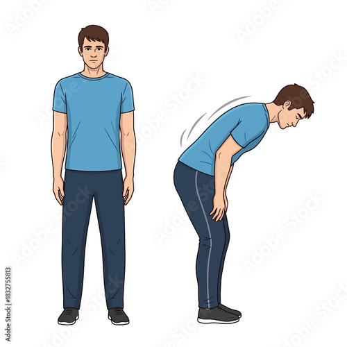 Man demonstrating forward head posture and correct standing posture.