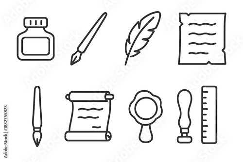 Elegant Calligraphy Tools. Calligraphy Set linear icon set. ink bottle, dip pen, feather quill, parchment, brush, scroll, wax seal, ruler.