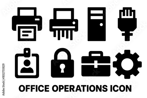 Brutalist Office Icons. Office Operations silhouette icon set: printer, shredder, server tower, network cable, ID badge, security lock, toolbox, settings gear