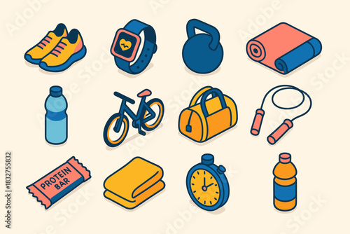 Active Lifestyle Icons. Active Lifestyle flat icon set: running shoes, smartwatch, kettlebell, yoga mat, water bottle, bicycle, gym bag, jump rope, protein bar, towel, timer