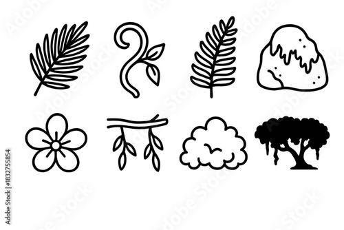 Jungle Icon Silhouettes. Jungle elements linear icon set: palm leaf, vine loop, fern frond, mossy rock, tropical flower, hanging branch, dense bush, canopy silhouette