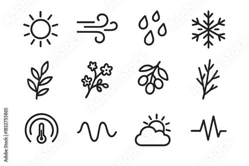 Seasonal Pattern Icons. Nature’s Seasonal Patterns Icons linear icon set: warm sun, cool breeze, soft rain, frost crystal, meadow sprig, flowering branch, harvest cluster, winter