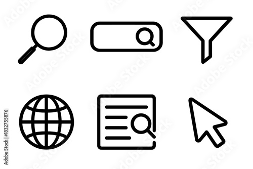 Search Icon Set. Search Icons linear icon set. magnifying glass, search bar, filter funnel, globe icon, search results list, cursor pointer.