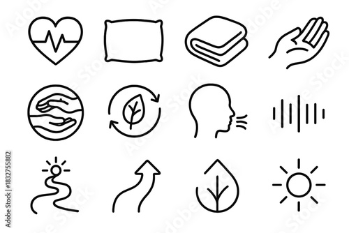 Wellness Symbols Collection. Recovery & Wellness Set linear icon set: heart pulse, rest pillow, warm blanket, support hand, comfort symbol, resilience leaf, progress loop, calm