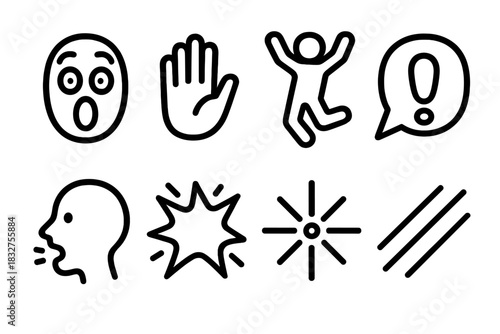 Surprise Icons. Surprise Reactions linear icon set: wide-eye face, raised hand, jumping figure, gasp bubble, tilt head silhouette, shock wave, spark dot, motion lines