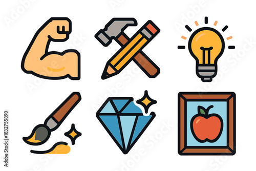 Creative Icon Set. Creative Strength pixel style icon set: bold stroke, firm outline, crafted tool, idea spark, refined detail, polished piece icon