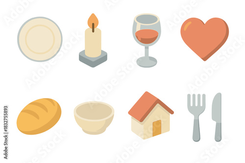 Modern Dinner Icons. Family table flat icon set : dinner plate, candle, wine glass, heart, bread loaf, bowl, home, fork and knife