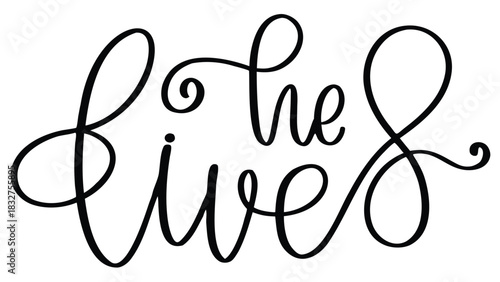 Elegant black cursive script lettering that reads she lives on a clean white background symbolizing hope and resilience