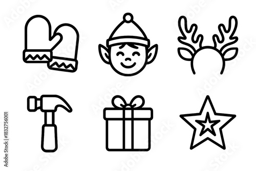 Festive Holiday Icons. Holiday Helpers linear icon set : mitten pair, smiling elf, reindeer antlers, toy hammer, wrapped gift, festive star