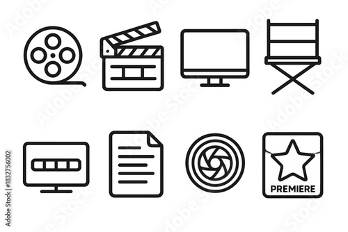 Cinema Icon Set. Web Series linear icon set. film reel, clapperboard, monitor screen, director chair, episode timeline, script page, camera lens, premiere star