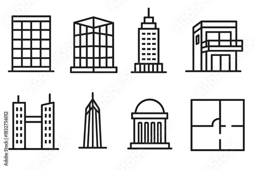 Modern Architectural Icons. Modern Architecture linear icon set. glass facade, steel frame, skyscraper silhouette, terrace, bridge link, tower top, dome, floor plan.