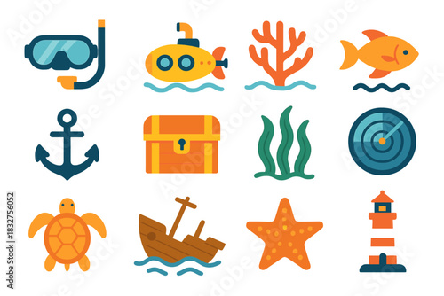 Vibrant Ocean Icons. Ocean Exploration set flat icon set: diving mask, submarine, coral, fish, anchor, treasure chest, seaweed, sonar radar, turtle, shipwreck, starfish, lighthouse