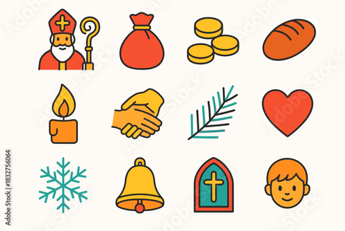 St. Nicholas Icons. St. Nicholas Charity Acts flat icon set: saint with staff, gift sack, coins, bread loaf, candle flame, helping hands, pine sprig, heart, snowflake, bell, church