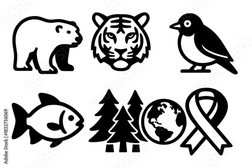 Bold Animal Icons. Protected Animals Icons silhouette icon set: polar bear, tiger, turtle, bird, fish, forest, globe, ribbon